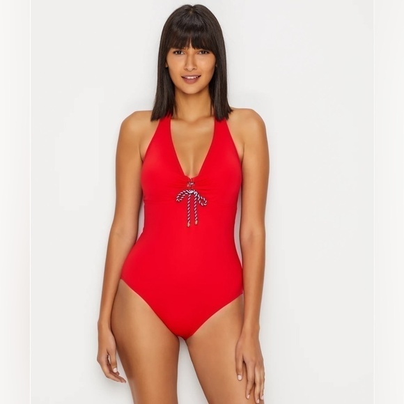 Lauren Ralph Lauren Ruby Red Beach Club Lace Up One Piece Swim 6 - Picture 1 of 14